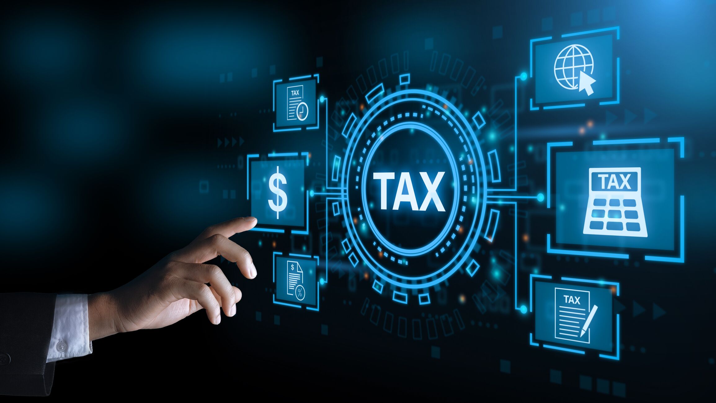Business hand clicks virtual screen to tax return online for tax payment. Government, state taxes. Data analysis, paperwork, financial research, report. Calculation tax return.