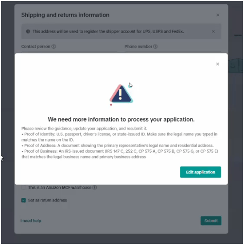TikTok Shop We need more information popup requiring proof of identity, proof of address, and an IRS-issued proof of business document