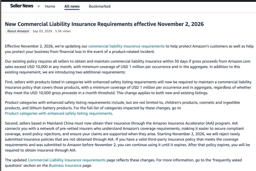 Amazon insurance requirements effective November 2, 2026