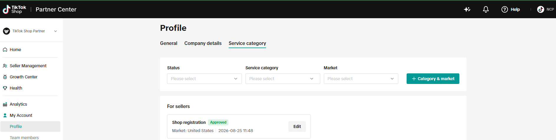 NCP in TikTok Shop Partner Center: service category, Shop Registration