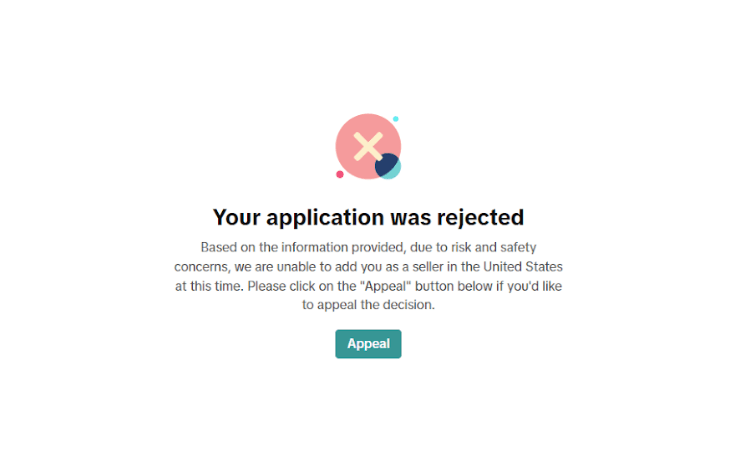 TikTok Shop rejection screen: Your application was rejected due to risk and safety concerns